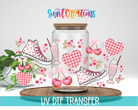 Gingham And Cherries UV DTF Transfer Tumbler Wrap | Pink Sneaker Heart Milkshake Cup Decal | DTF258 - Swiit Creations