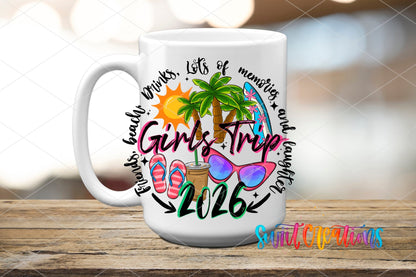 Girls Trip 2026 UV DTF transfer on a white ceramic coffee mug