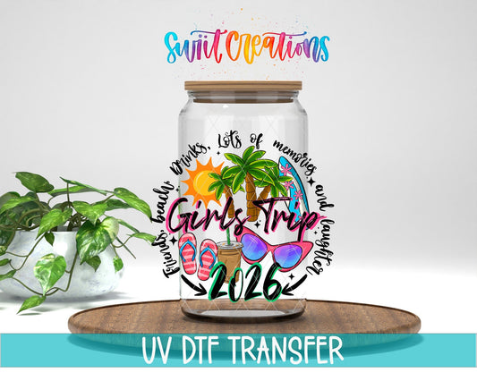 Girls Trip 2026 UV DTF transfer displayed on a clear jar mockup from Swiit Creations