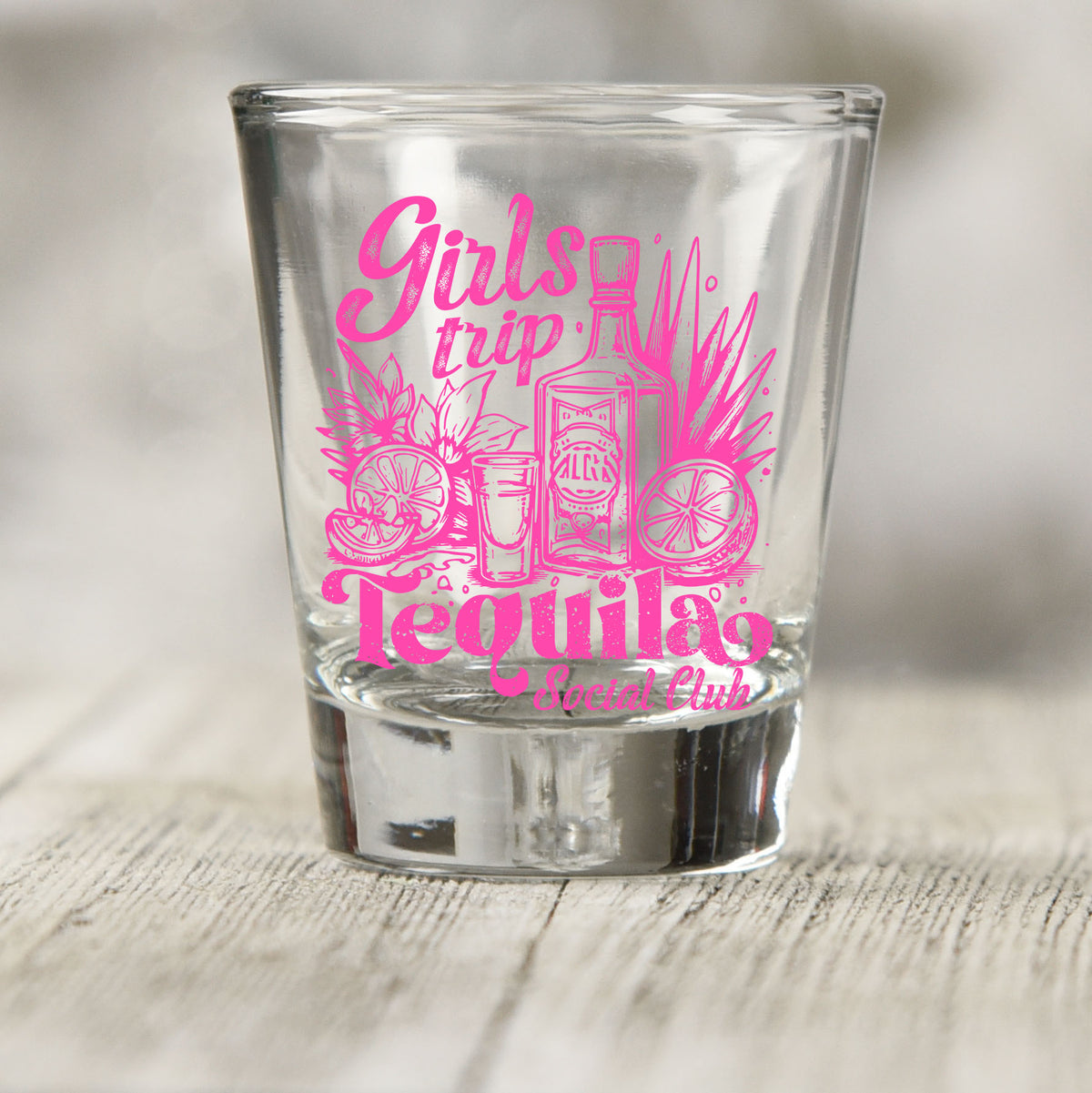Girls Trip Tequila shot glass UV DTF transfer with tequila bottle, shot glass, and citrus details on a clear shot glass