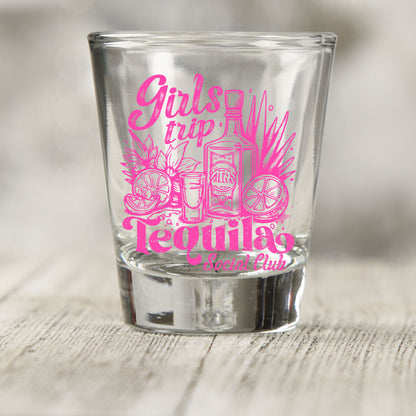 Girls Trip Tequila shot glass UV DTF transfer with tequila bottle, shot glass, and citrus details on a clear shot glass