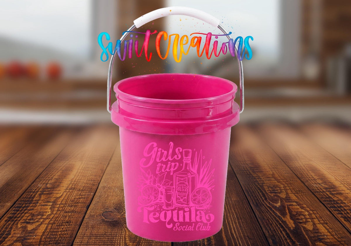Girls Trip Tequila Social Club UV DTF transfer on a pink mini bucket on a wood table