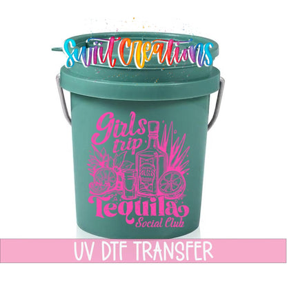Girls Trip Tequila Social Club UV DTF transfer on a teal mini bucket with a lid on a white background