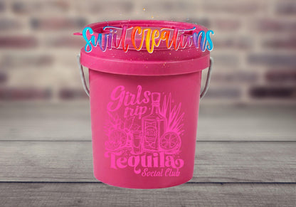 Girls Trip Tequila Social Club UV DTF transfer on a pink mini bucket by a brick wall