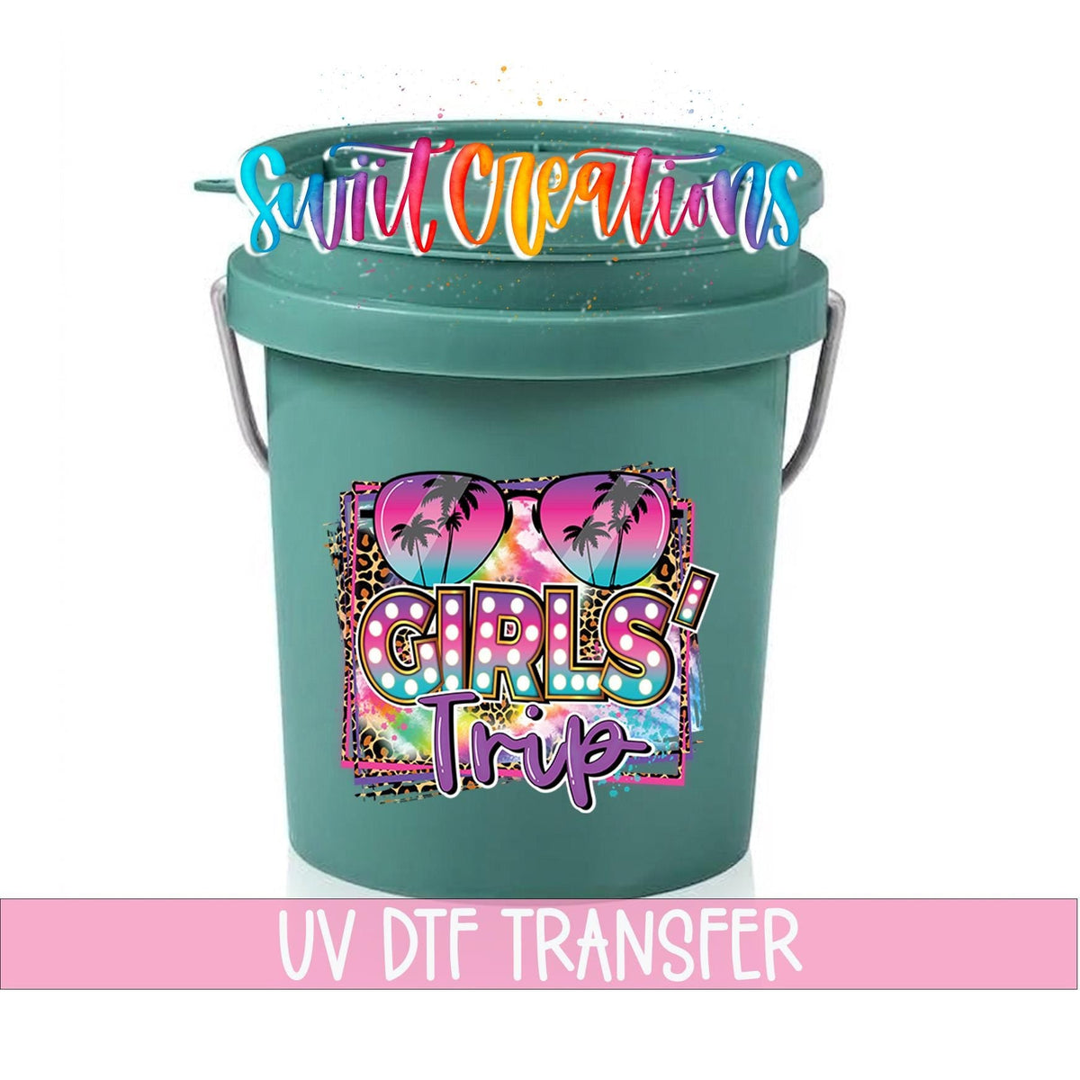 Girls Trip UV DTF transfer on a teal mini bucket with a lid on a white background