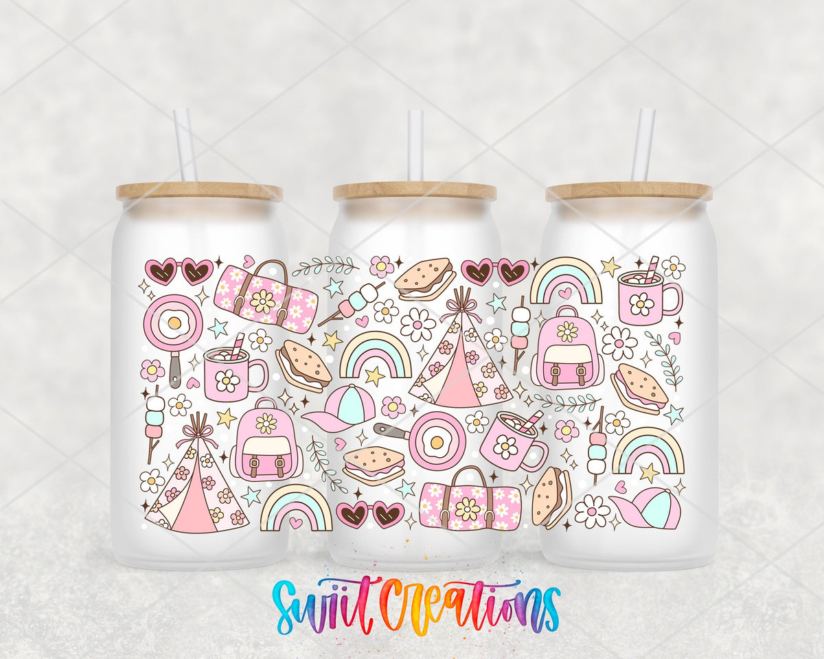 Girly Camping UV DTF wrap on three frosted glass cans