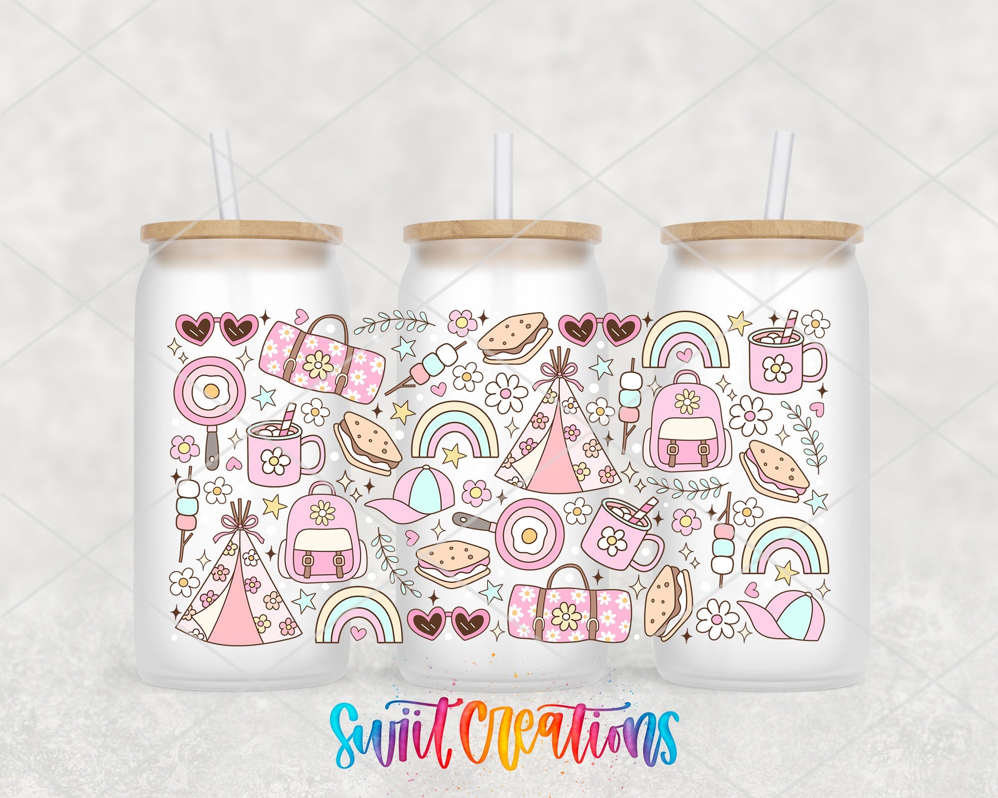 Girly Camping UV DTF Transfer Tumbler Wrap | Pink Rainbow Tent Backpack Cup Decal | DTF264 - Swiit Creations