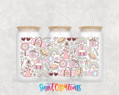 Girly Camping UV DTF wrap on three frosted glass cans