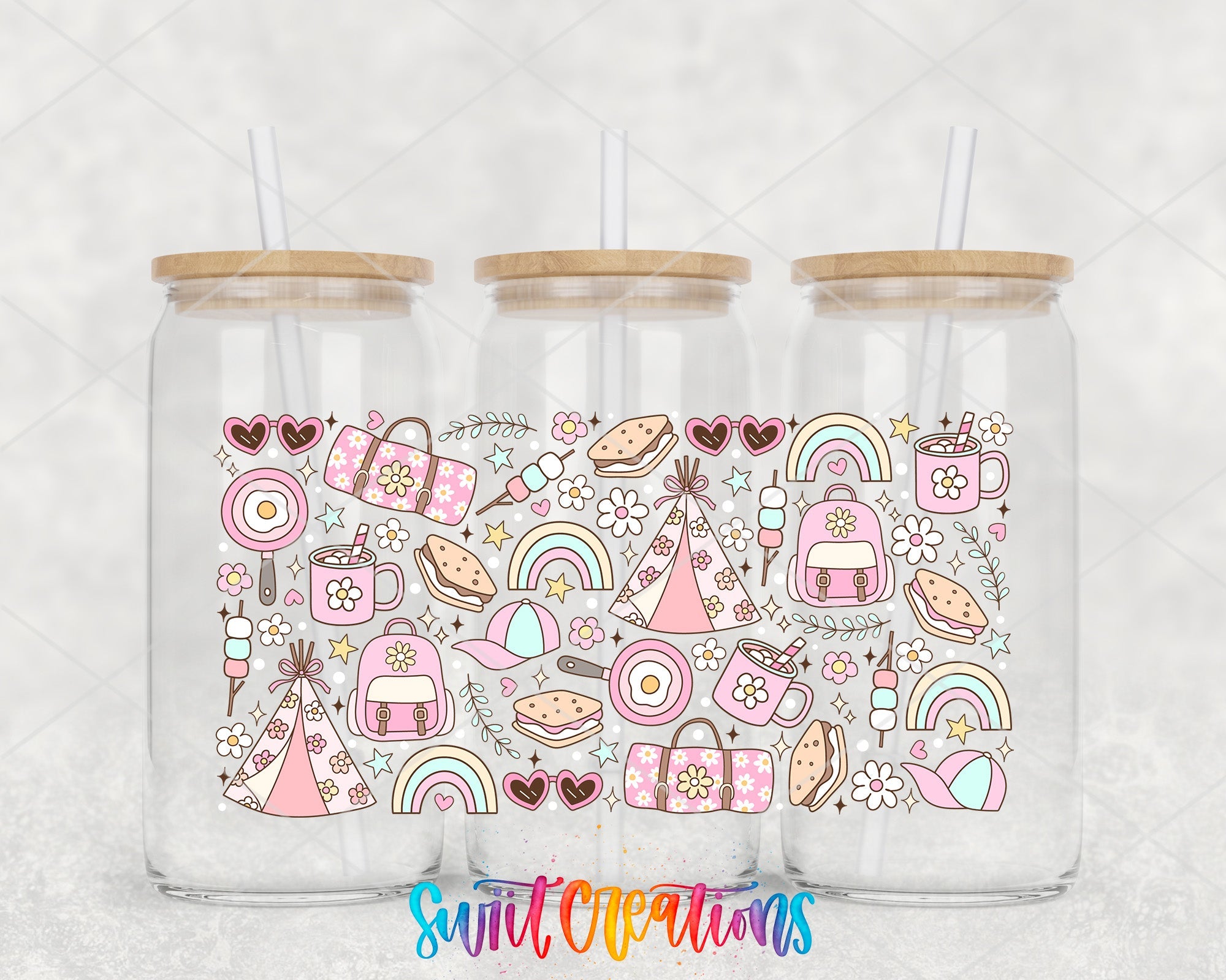 Girly Camping UV DTF Transfer Tumbler Wrap | Pink Rainbow Tent Backpack Cup Decal | DTF264 - Swiit Creations