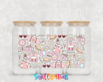 Girly Camping UV DTF wrap on three glass cans