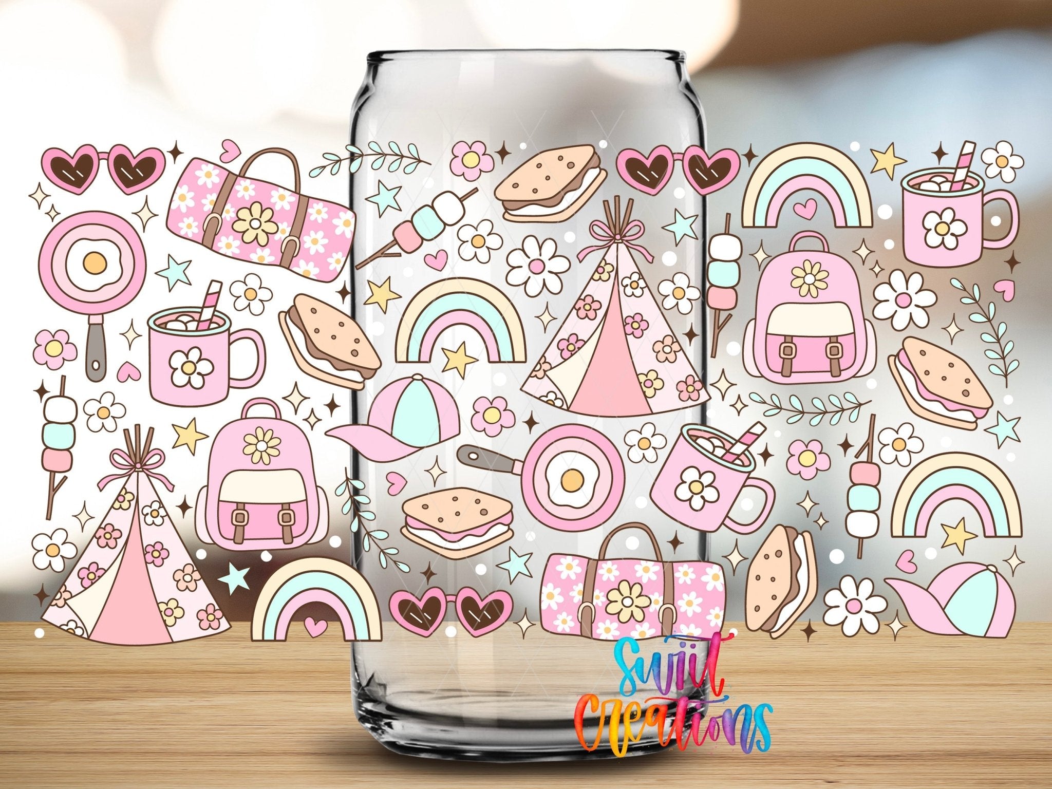 Girly Camping UV DTF Transfer Tumbler Wrap | Pink Rainbow Tent Backpack Cup Decal | DTF264 - Swiit Creations