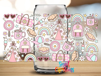 Close-up of the Girly Camping UV DTF wrap on a clear glass can