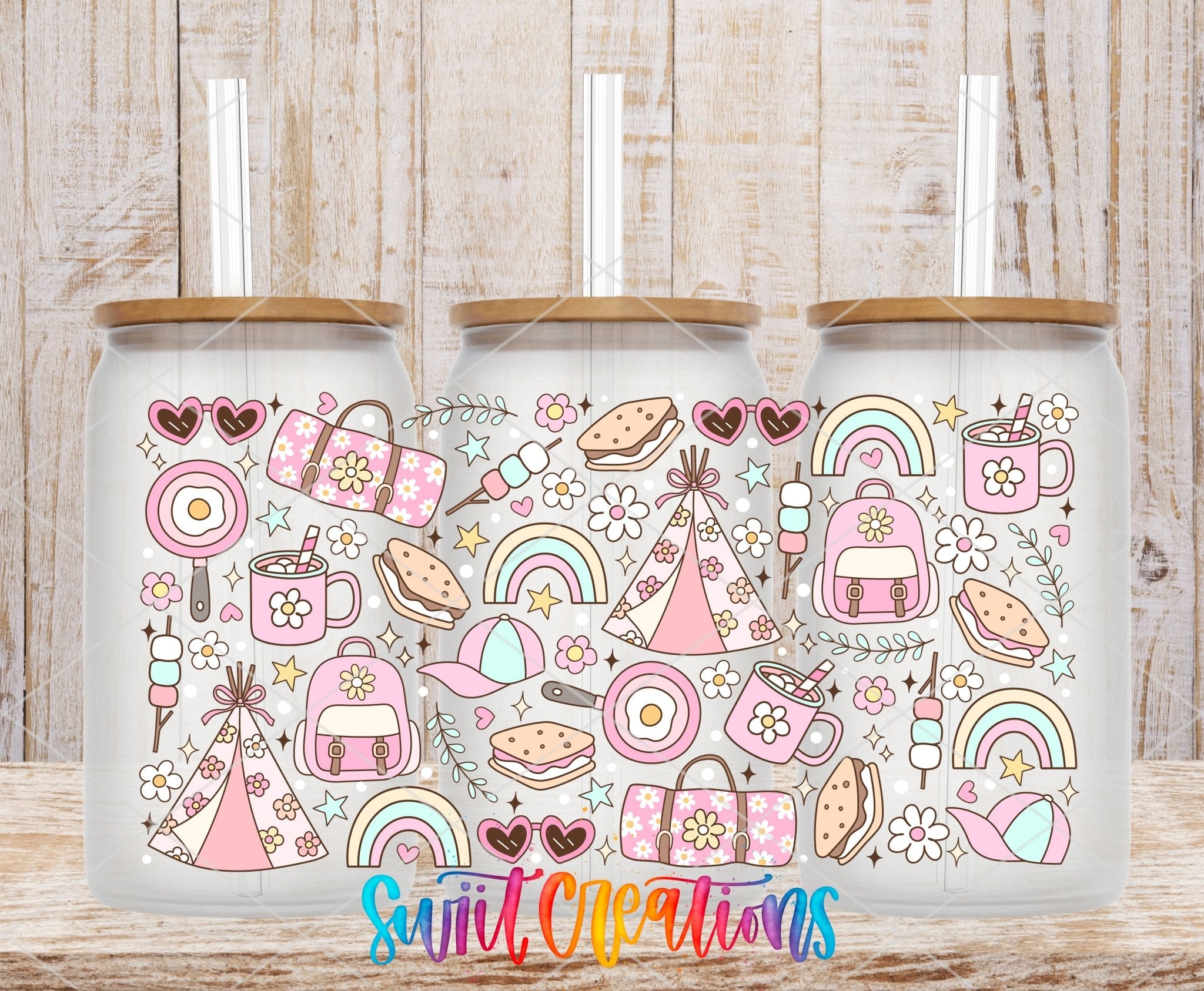 Girly Camping UV DTF Transfer Tumbler Wrap | Pink Rainbow Tent Backpack Cup Decal | DTF264 - Swiit Creations