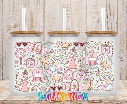 Girly Camping UV DTF wrap on three clear glass cans with bamboo lids