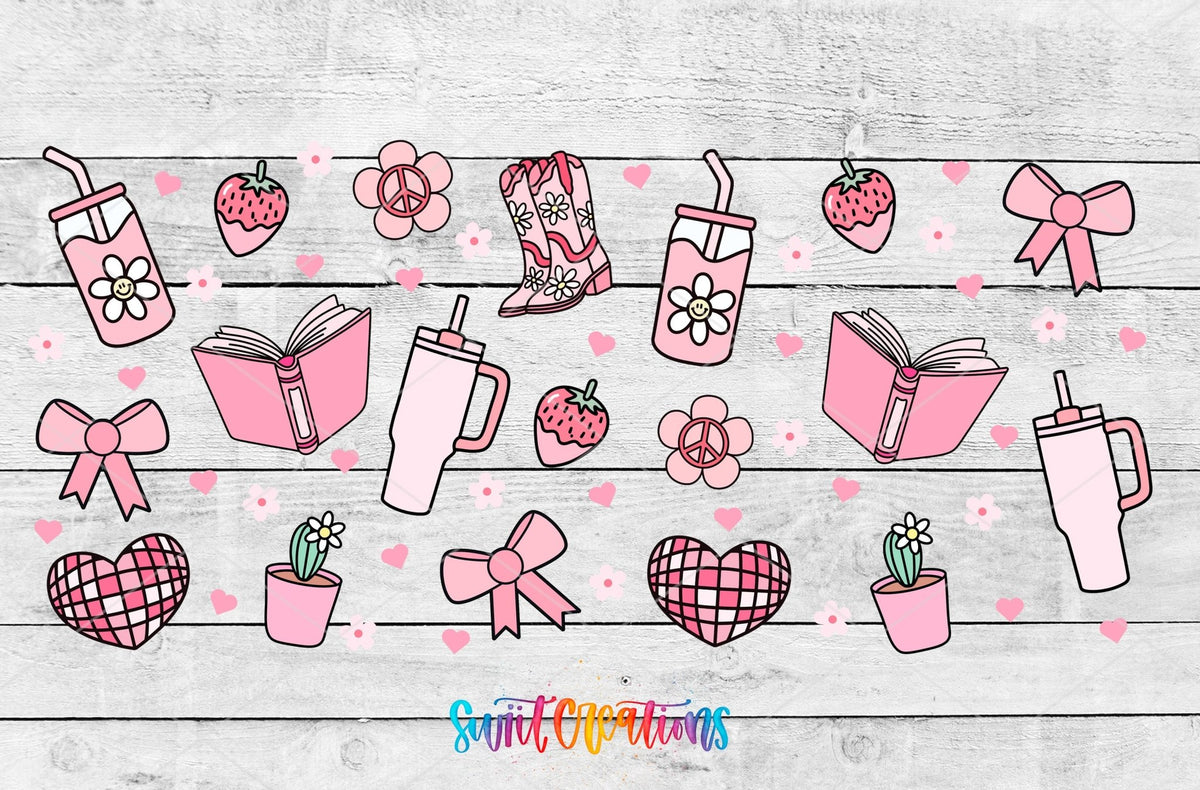 Girly Pink UV DTF wrap artwork on a white wood background
