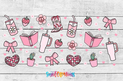 Girly Pink UV DTF wrap artwork on a white wood background
