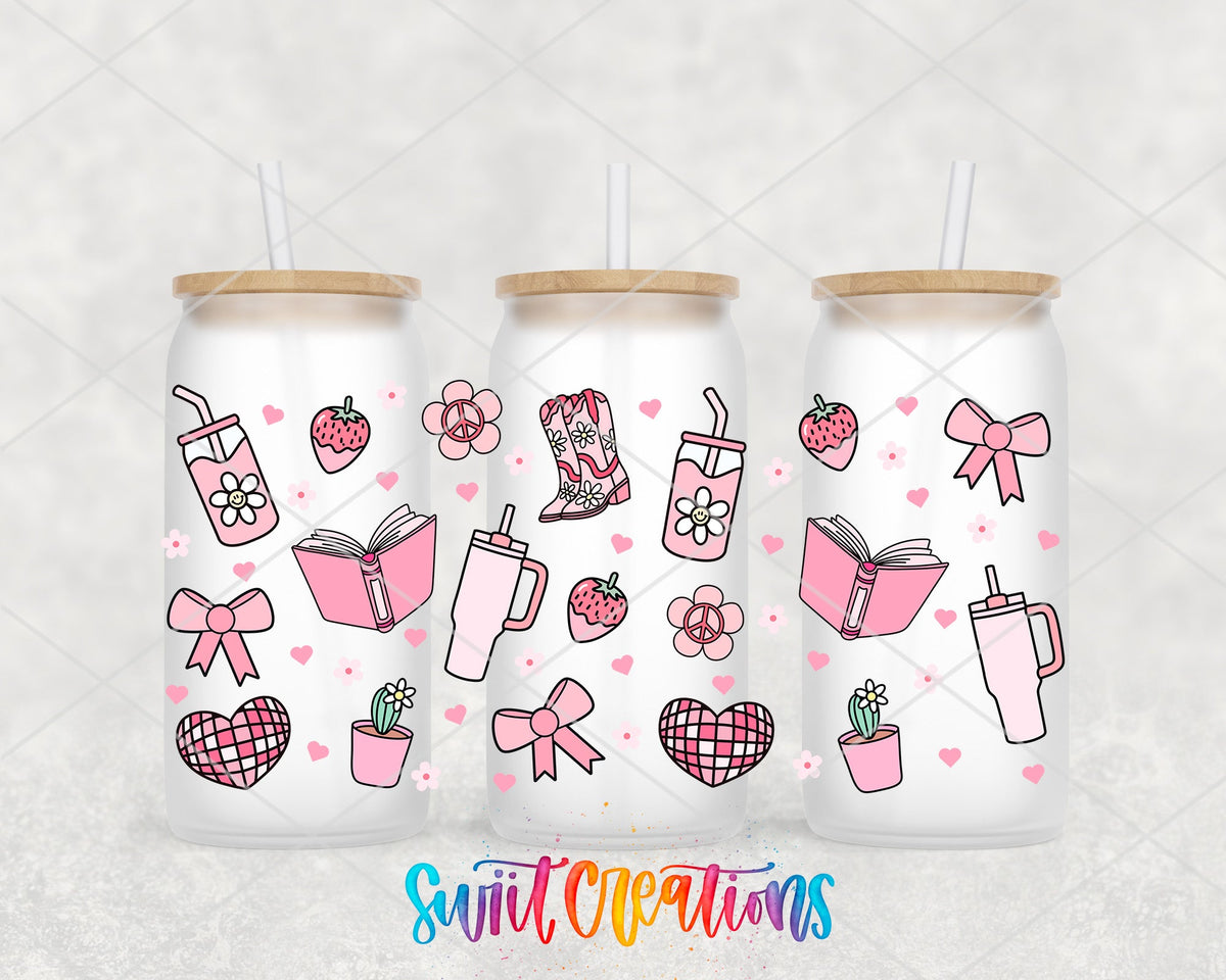 Girly Pink UV DTF wrap on three frosted glass cans