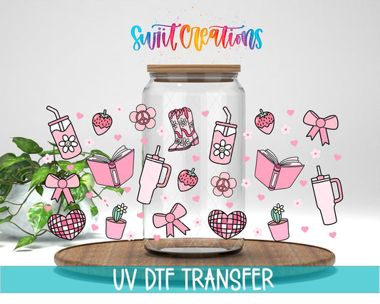 Girly Pink UV DTF Transfer Tumbler Wrap | Bow Boot Book Strawberry Cup Decal | DTF259 - Swiit Creations