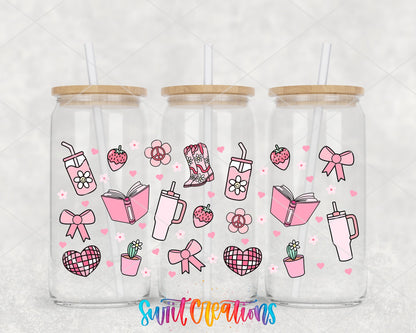 Girly Pink UV DTF wrap on three glass cans