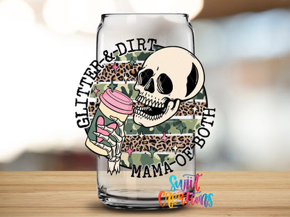 Close-up of the Glitter and Dirt Mama of Both UV DTF transfer on a clear glass can