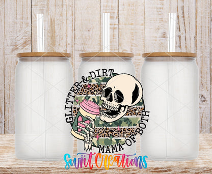 Glitter and Dirt Mama of Both UV DTF transfer on frosted glass cans with bamboo lids