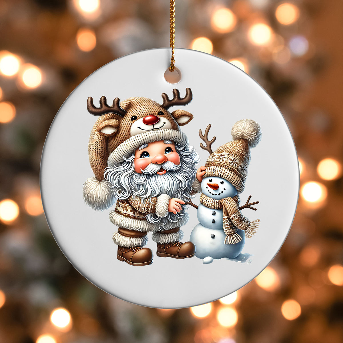 Gnome and Snowman Friends ornament UV DTF transfer on a round white ornament with a bokeh light background