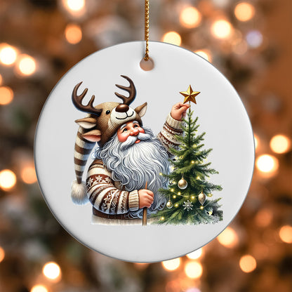 Gnome Decorating a Tree ornament UV DTF transfer on a round white ornament with a bokeh light background