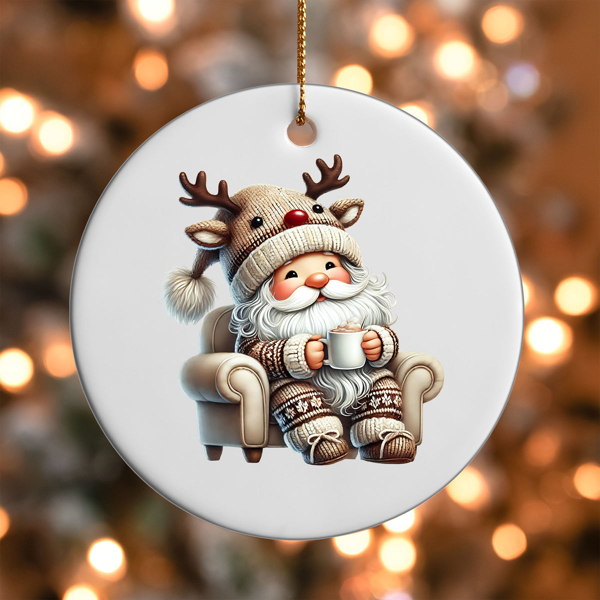Gnome in an Armchair ornament UV DTF transfer on a round white ornament with a bokeh light background