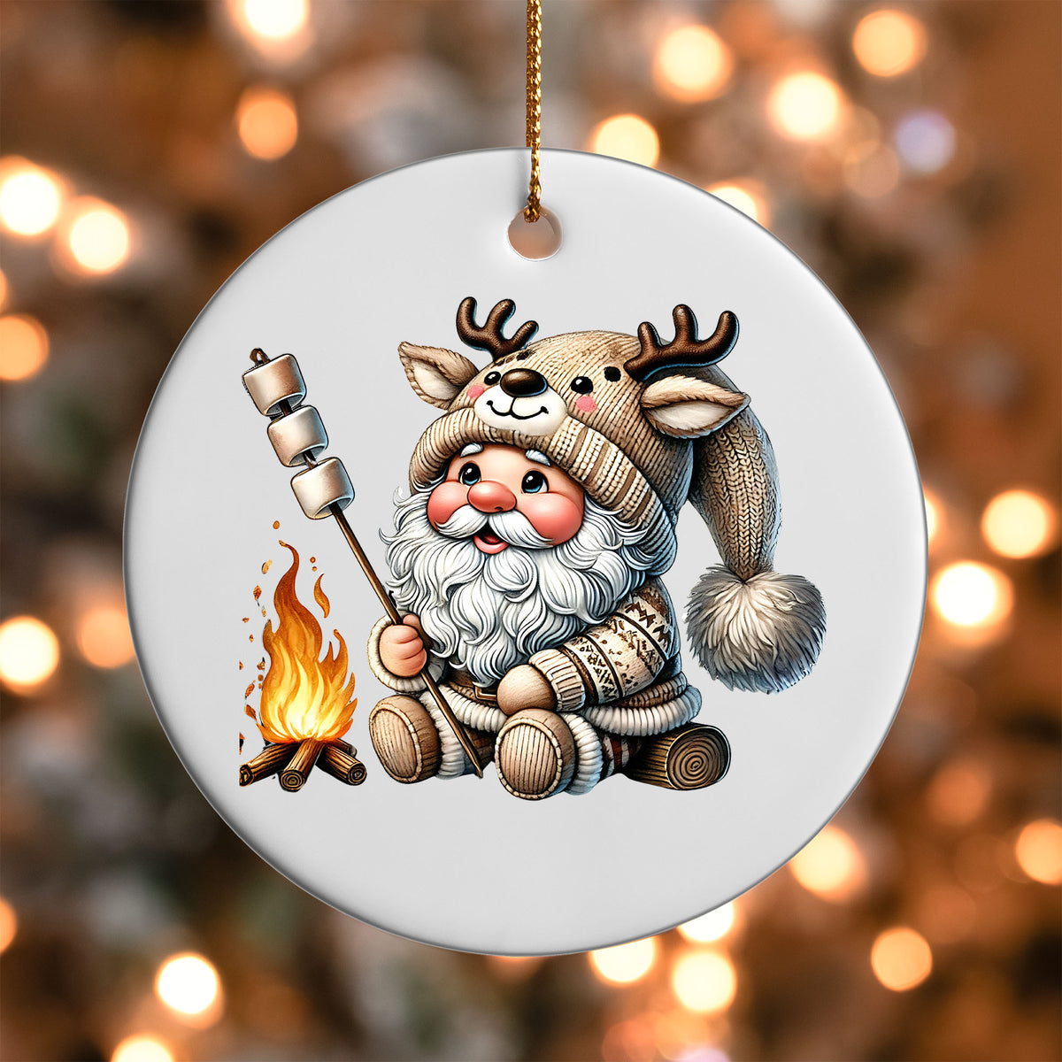 Gnome Roasting Marshmallows ornament UV DTF transfer on a round white ornament with a bokeh light background