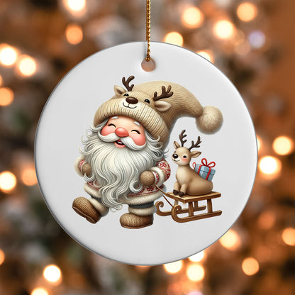 Gnome with Baby Reindeer ornament UV DTF transfer on a round white ornament with a bokeh light background