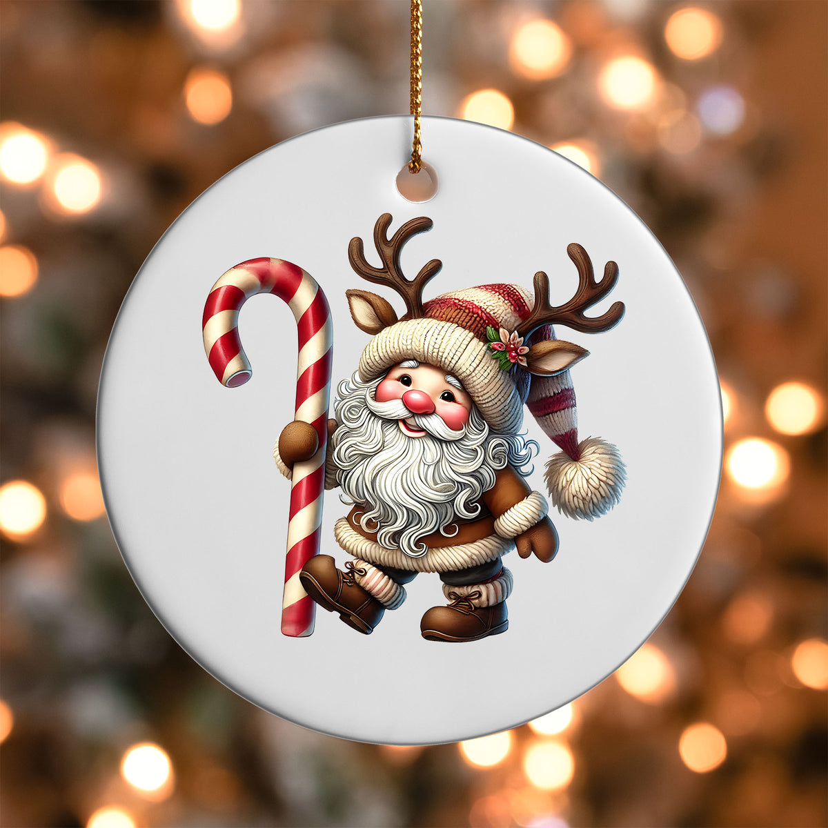 Gnome with Giant Candy Cane ornament UV DTF transfer on a round white ornament with a bokeh light background
