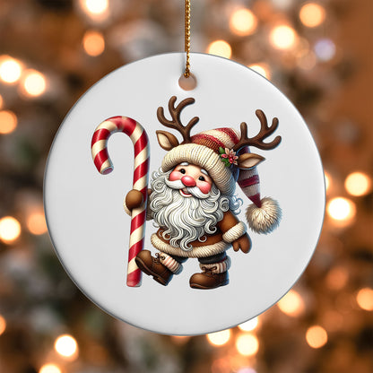Gnome with Giant Candy Cane ornament UV DTF transfer on a round white ornament with a bokeh light background