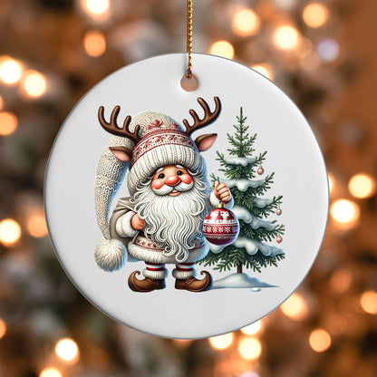 Gnome with Ornament and Tree ornament UV DTF transfer on a round white ornament with a bokeh light background