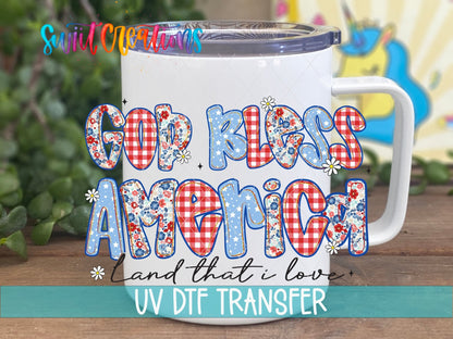 God Bless America UV DTF transfer on a white stainless steel mug with a lid