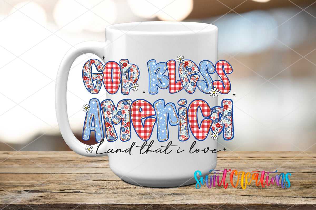 God Bless America UV DTF transfer on a white ceramic coffee mug