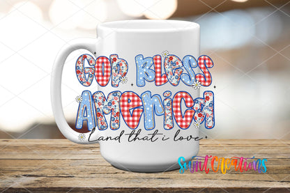 God Bless America UV DTF transfer on a white ceramic coffee mug