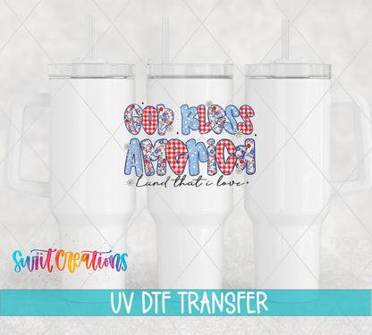 God Bless America UV DTF transfer on white 40 oz tumblers
