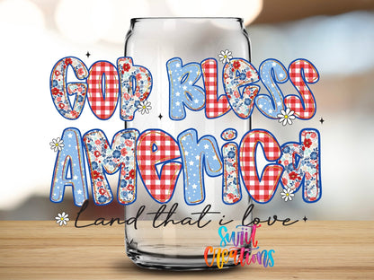 Close-up of the God Bless America UV DTF transfer on a clear glass can