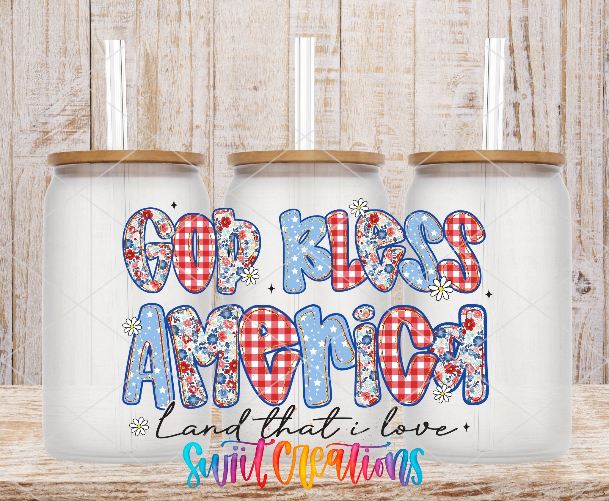 God Bless America UV DTF Decal | Patriotic Floral Patchwork Cup Transfer | UV1491 - Swiit Creations