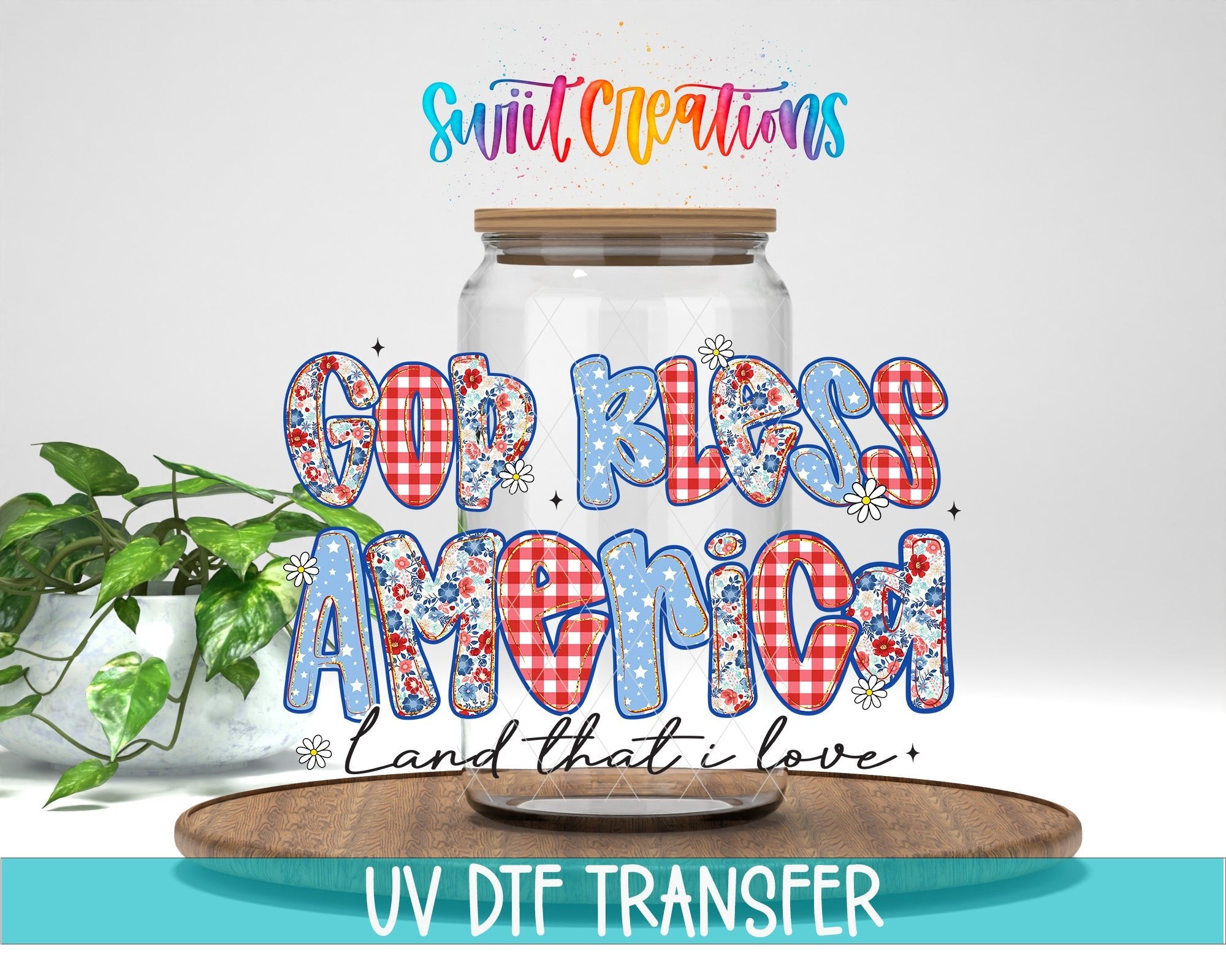 God Bless America UV DTF Decal | Patriotic Floral Patchwork Cup Transfer | UV1491 - Swiit Creations