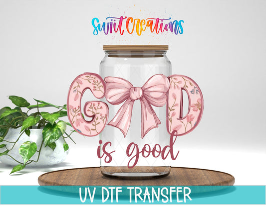 God Is Good Floral Bow UV DTF transfer displayed on a clear jar mockup from Swiit Creations