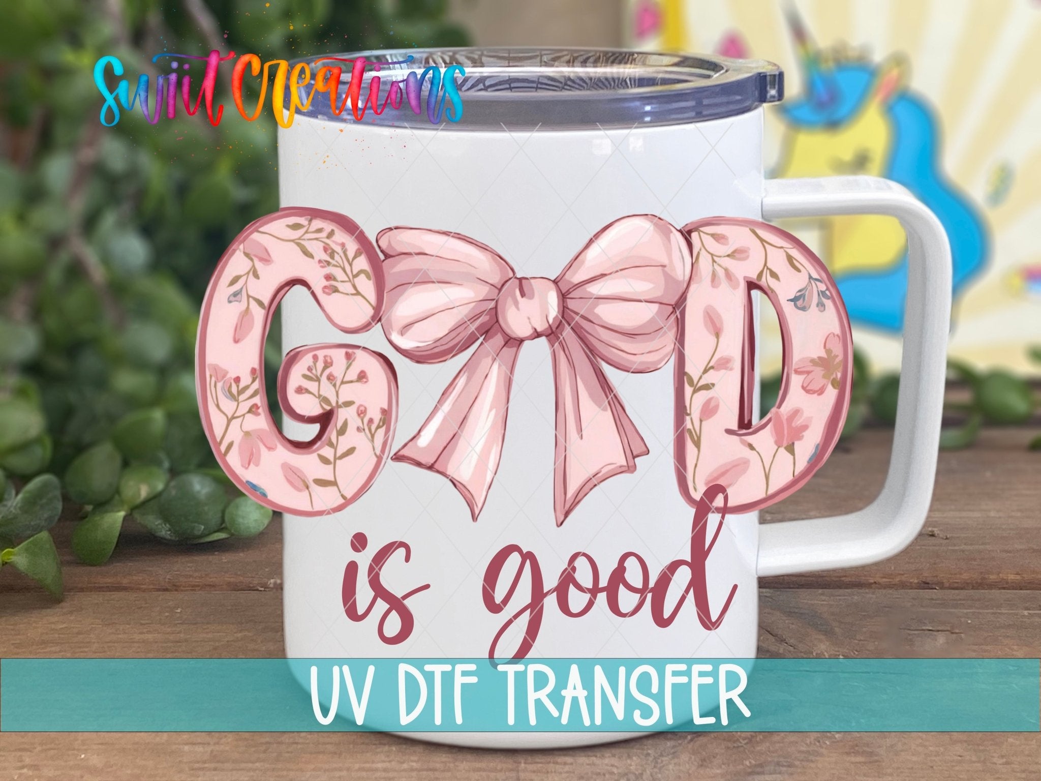 God Is Good Floral Bow UV DTF transfer displayed on a white coffee mug from Swiit Creations