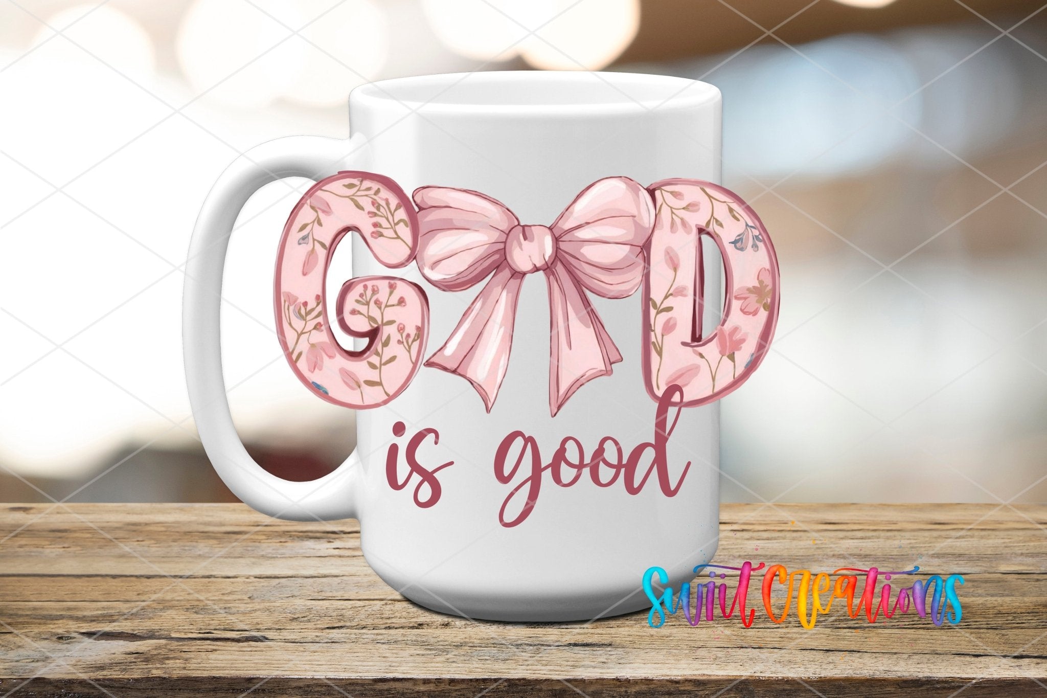 God Is Good Floral Bow UV DTF transfer displayed on a white ceramic mug from Swiit Creations