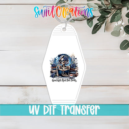Good Girls Read Bad Books Motel Keychain UV DTF Transfer | Book Lover Skeleton Design | MK1439 - Swiit Creations