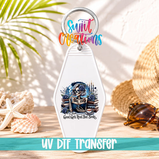 Good Girls Read Bad Books Motel Keychain UV DTF Transfer | Book Lover Skeleton Design | MK1439 - Swiit Creations