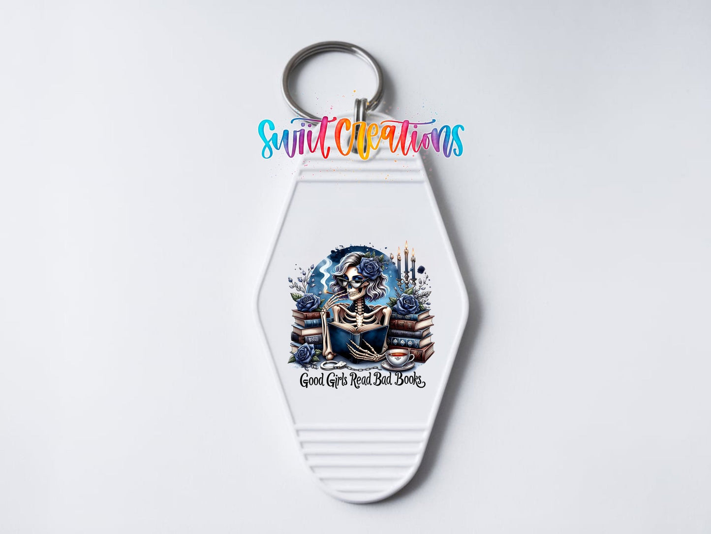 Good Girls Read Bad Books Motel Keychain UV DTF Transfer | Book Lover Skeleton Design | MK1439 - Swiit Creations
