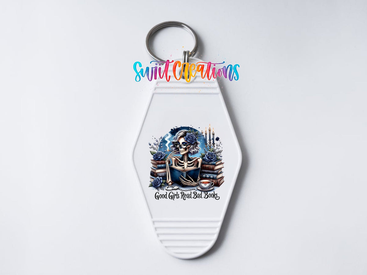 Good Girls Read Bad Books Motel Keychain UV DTF Transfer | Book Lover Skeleton Design | MK1439 - Swiit Creations