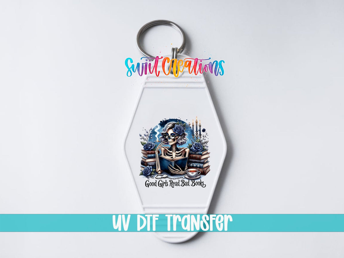 Good Girls Read Bad Books Motel Keychain UV DTF Transfer | Book Lover Skeleton Design | MK1439 - Swiit Creations