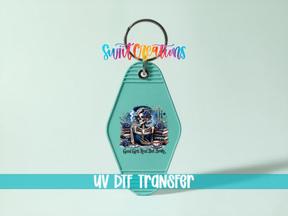 Good Girls Read Bad Books Motel Keychain UV DTF Transfer | Book Lover Skeleton Design | MK1439 - Swiit Creations