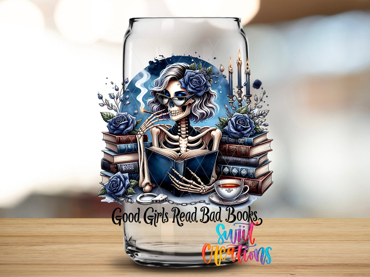 Close-up of the Good Girls Read Bad Books UV DTF transfer on a clear glass can